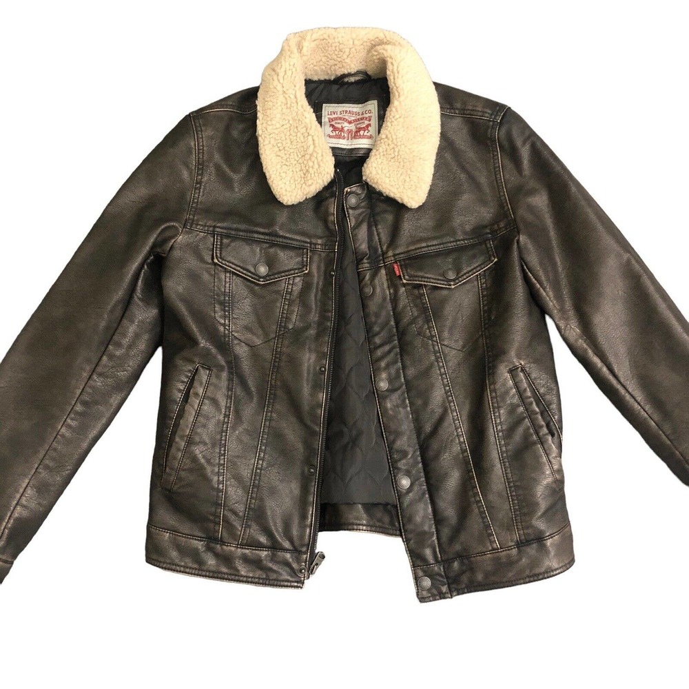 Men's Levi's Sherpa-Lined Faux-Leather Aviator Trucker Jacket Size S NWT - Picture 7 of 15